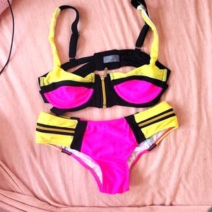 Hot Pink & Yellow 2 Piece Bathing Suit With Zippers!